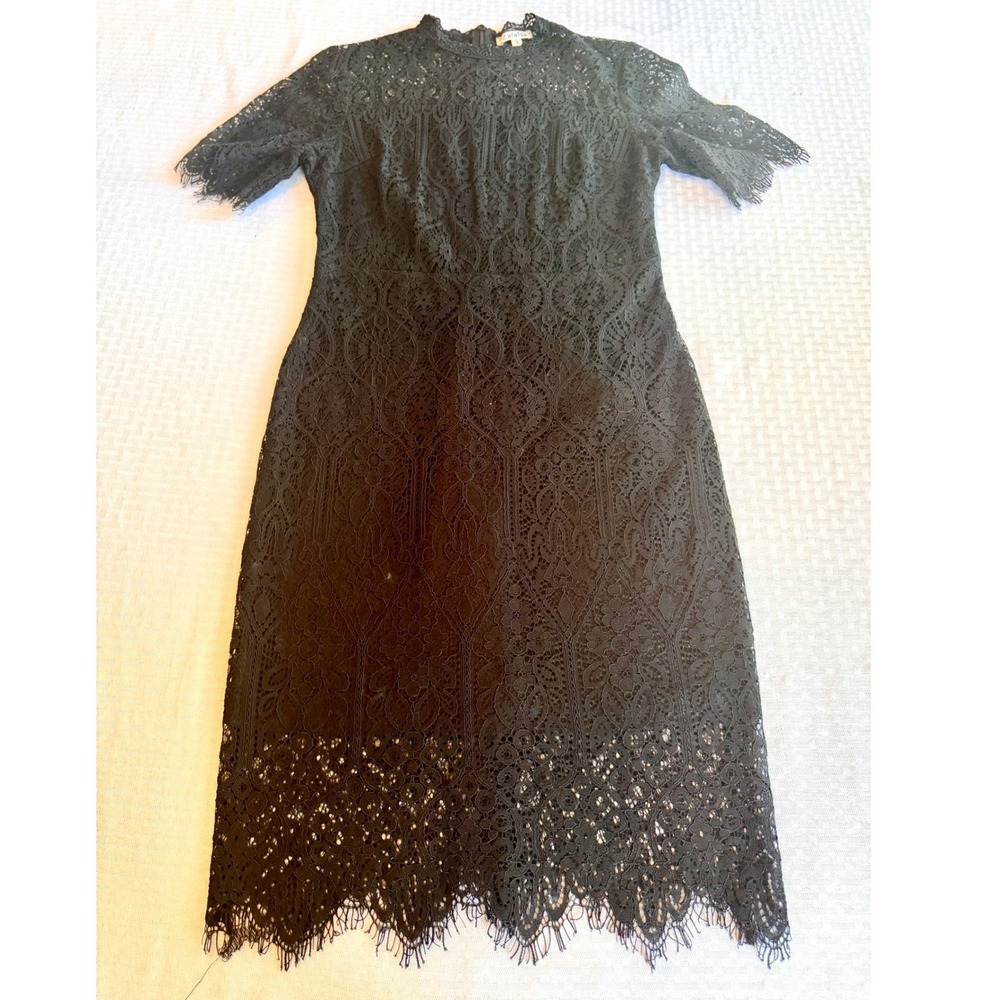 Zalalus Black Floral Lace Mock Neck Midi Dress‎ Short Sleeve Sheath Size 8